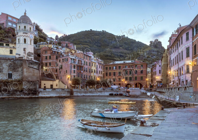 Canoes docked in Vernazza harbor, La Spezia, Italy
