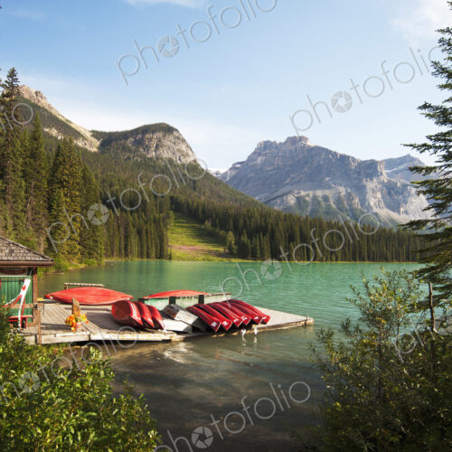 Canoes on wooden dock in rural lake