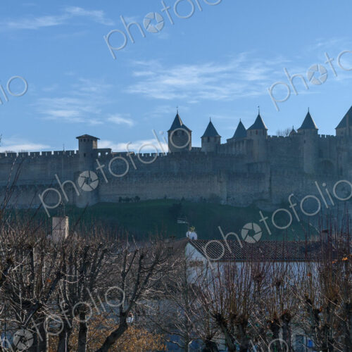 Carcassonne, the skyline of the citadel, Château Comtal and medieval buildings with… Carcassonne, the skyline of the citadel, Château Comtal and medieval buildings with…