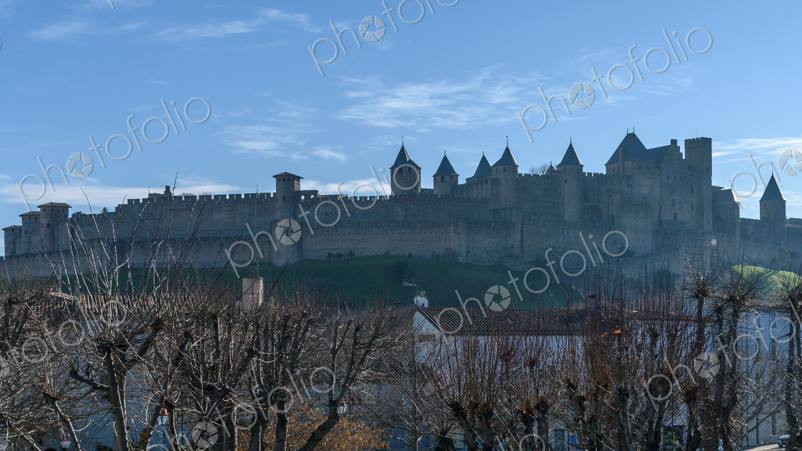 Carcassonne, the skyline of the citadel, Château Comtal and medieval buildings with…