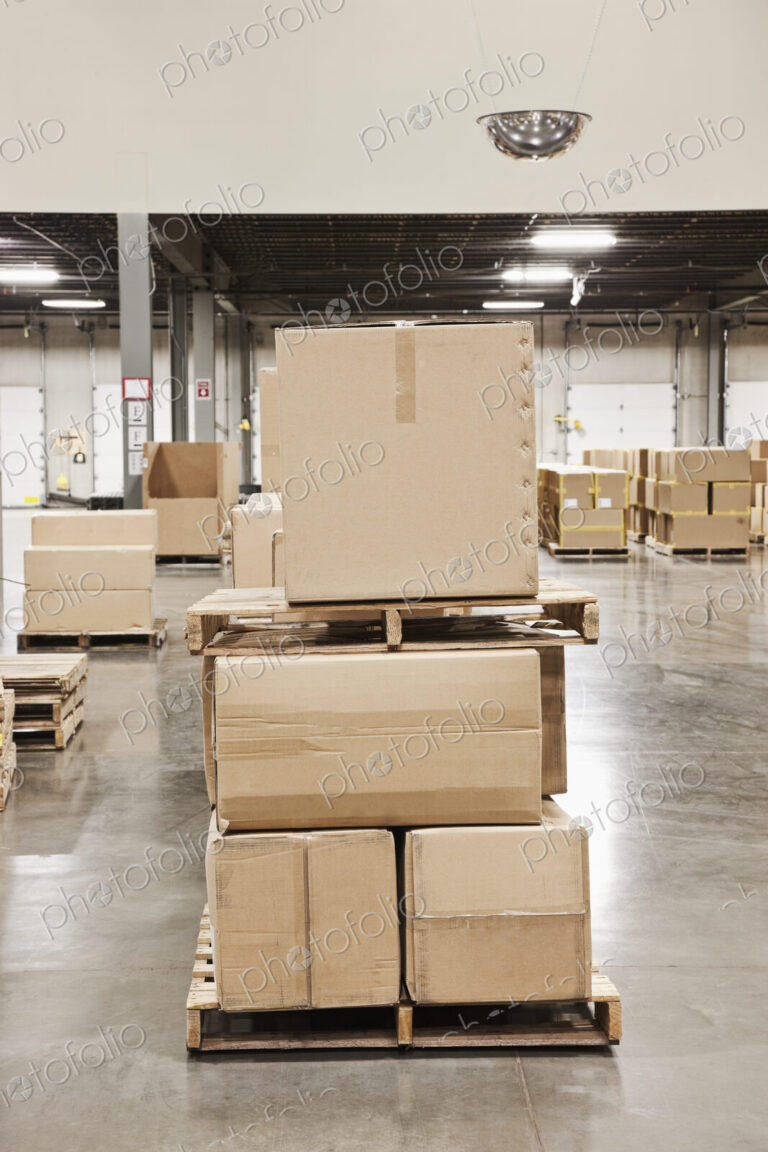 Cardboard boxes piled on pallets in warehouse.
