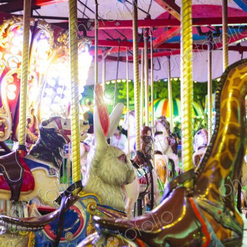 Carousel ride at an amusement park, with carousel horses giraffes and a rabbit. Carousel ride at an amusement park, with carousel horses giraffes and a rabbit.