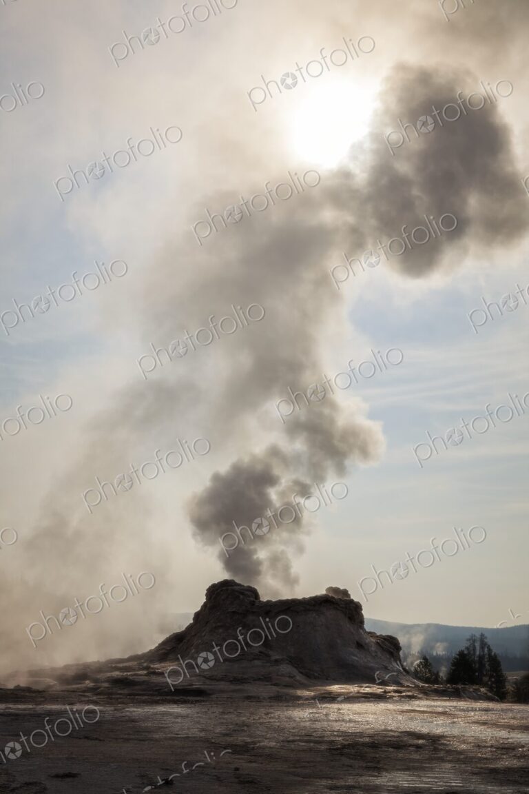 Castle Geyser in Yellowstone's Upper Geyser Basin releases thick steam against a…