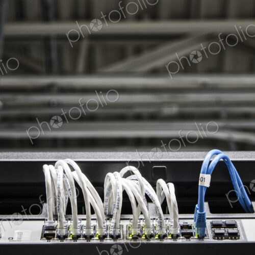 Cat 5 cables hooked to servers in a computer server farm. Cat 5 cables hooked to servers in a computer server farm.