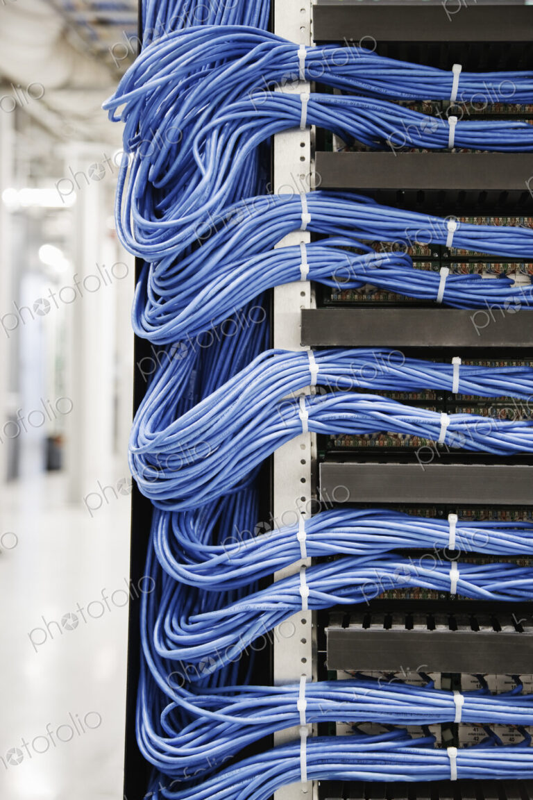 Cat 5 cables hooked to servers in a computer server farm.