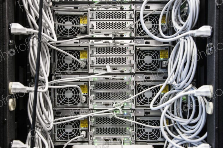 Cat 5 cables hooked to servers in a computer server farm.