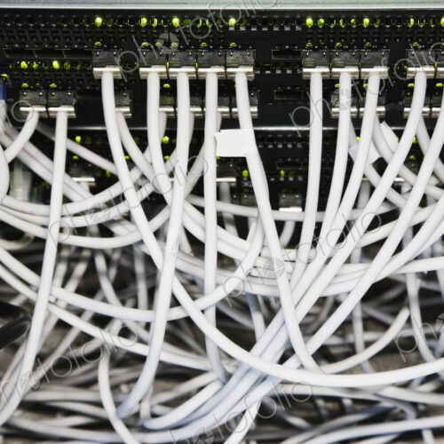 Cat 5 cables hooked to servers in a computer server farm. Cat 5 cables hooked to servers in a computer server farm.