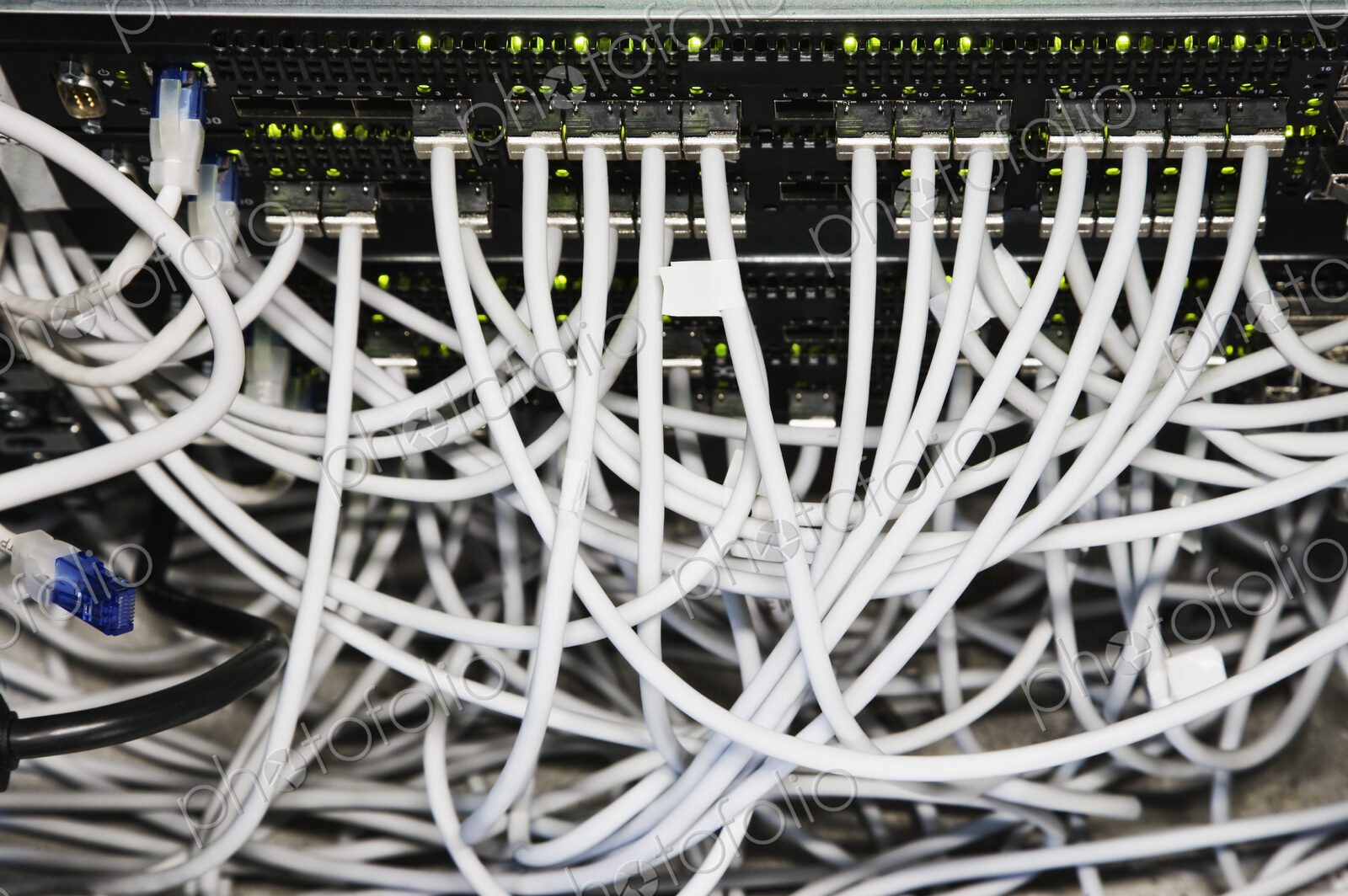 Cat 5 cables hooked to servers in a computer server farm.