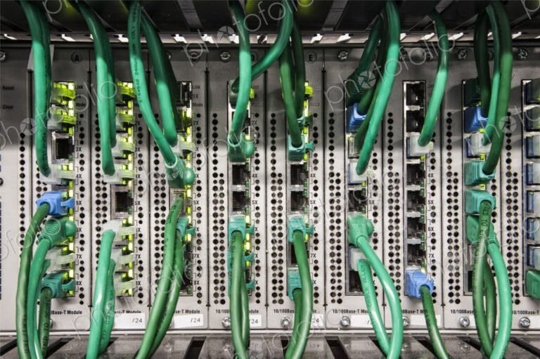 Cat 5 cables plugged into an individual server in a computer server farm.