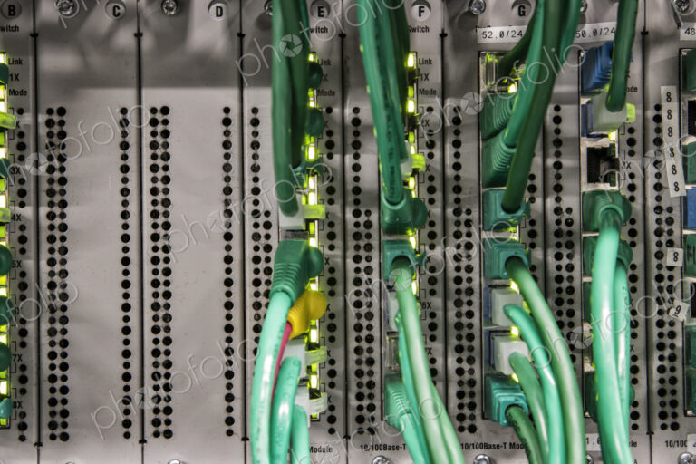 Cat 5 cables plugged into an individual server in a computer server farm.