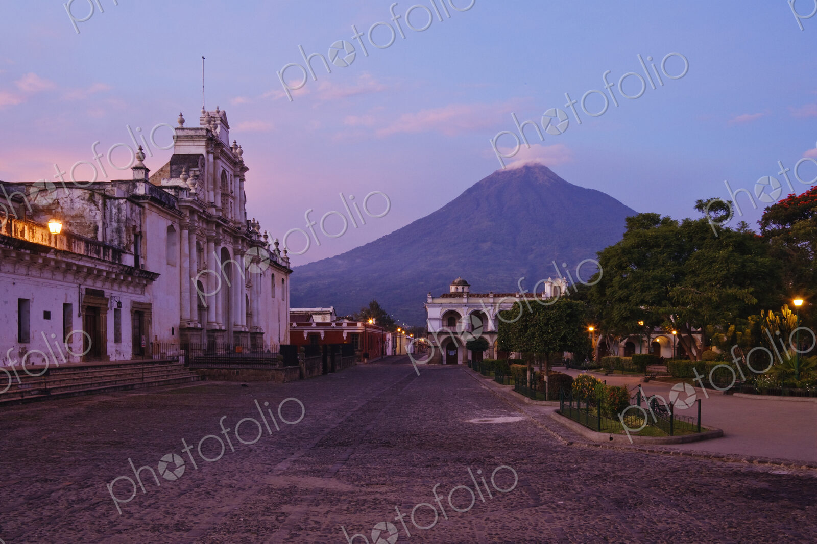 Catedral de San Jose and Volcan Agua in Background at Dawn