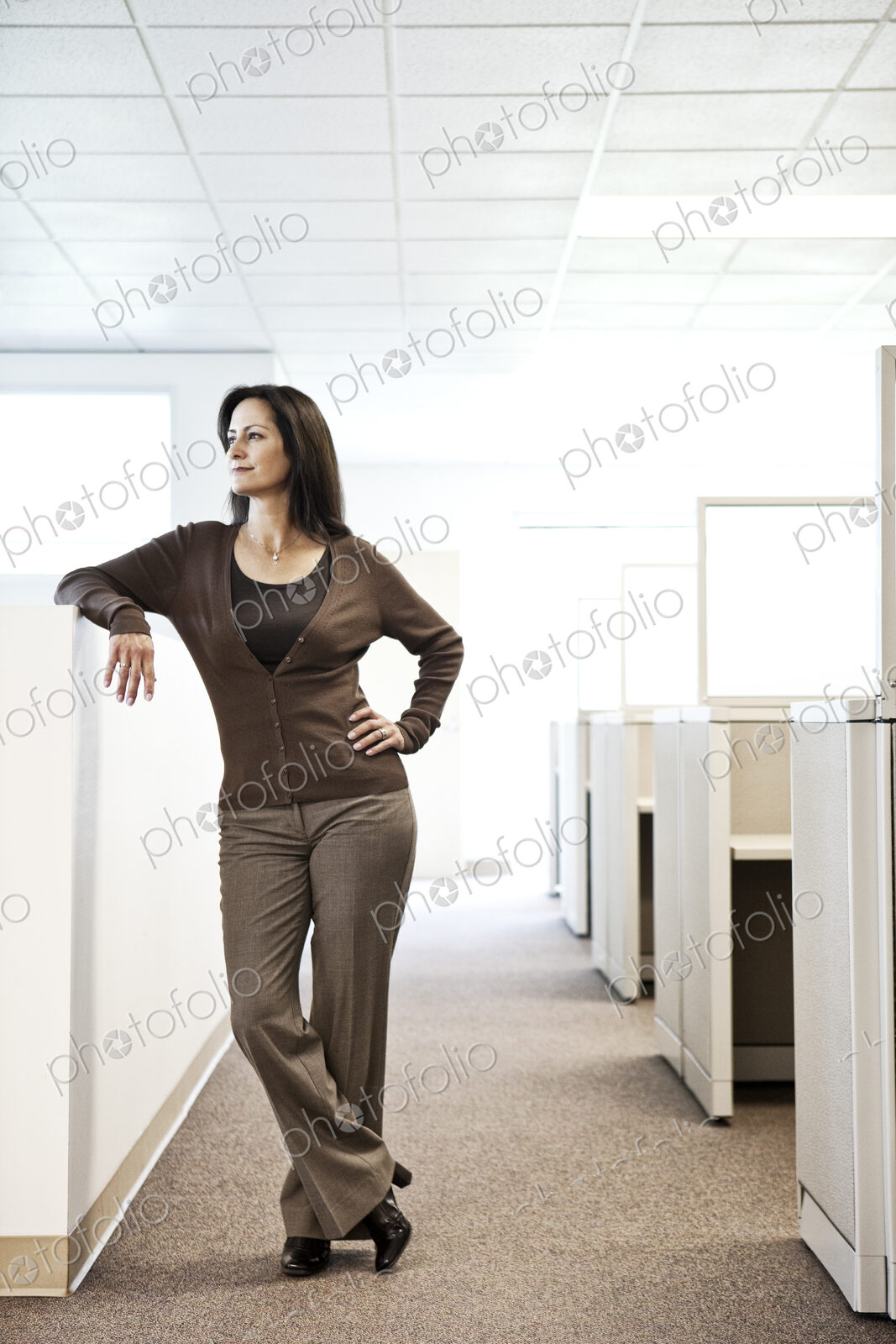 Caucasain woman office worker in cubicle area of office.