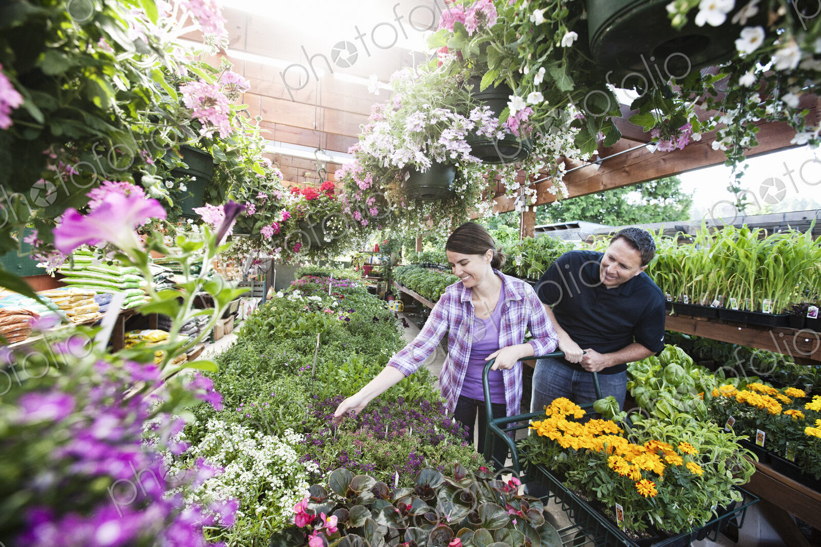 Caucasian man and woman shopping for new plants at a garden center nurery.