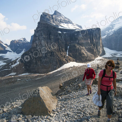 Caucasian mother and daughter hiking on Six Glaciers Trail, Banff, Alberta, Canada Caucasian mother and daughter hiking on Six Glaciers Trail, Banff, Alberta, Canada