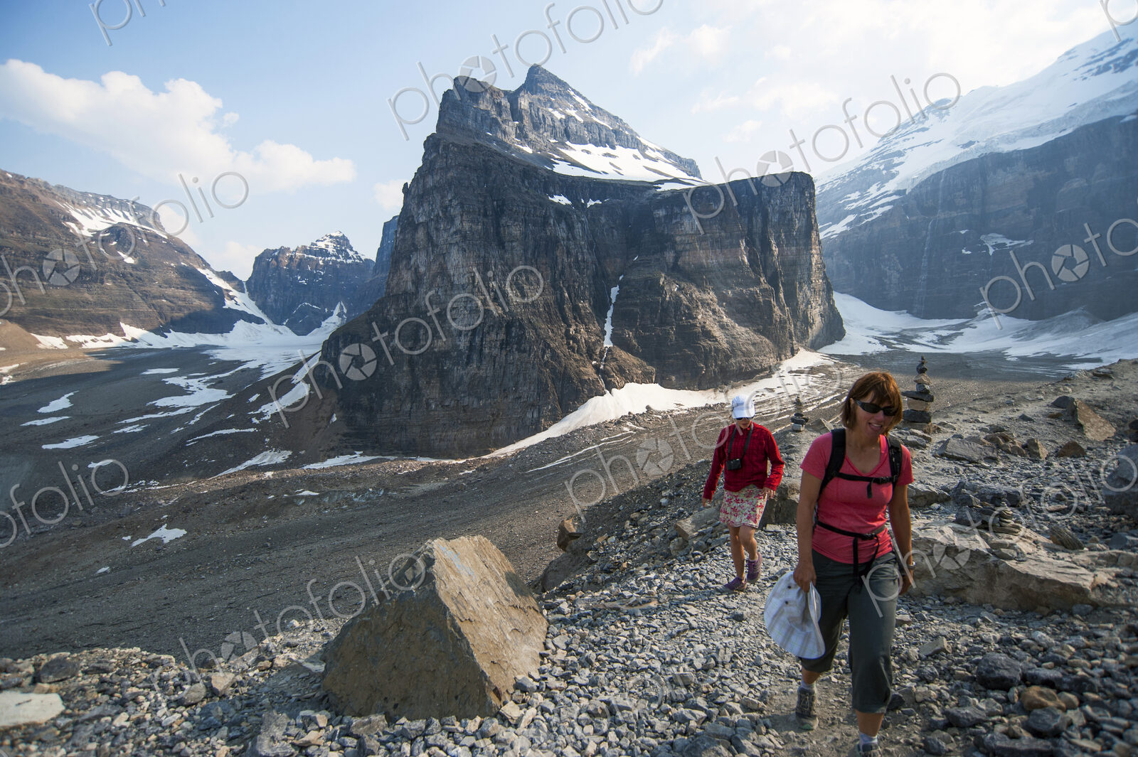 Caucasian mother and daughter hiking on Six Glaciers Trail, Banff, Alberta, Canada