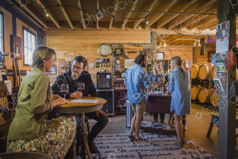 Caucasian people drinking wine in winery