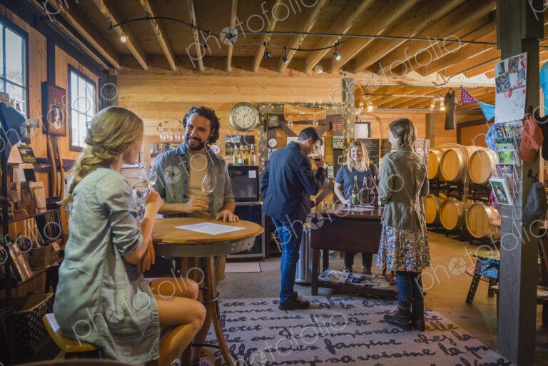 Caucasian people drinking wine in winery