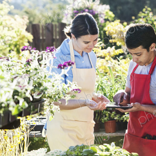 Caucasian woman and man employees of garden center nursery checking out an order on a…