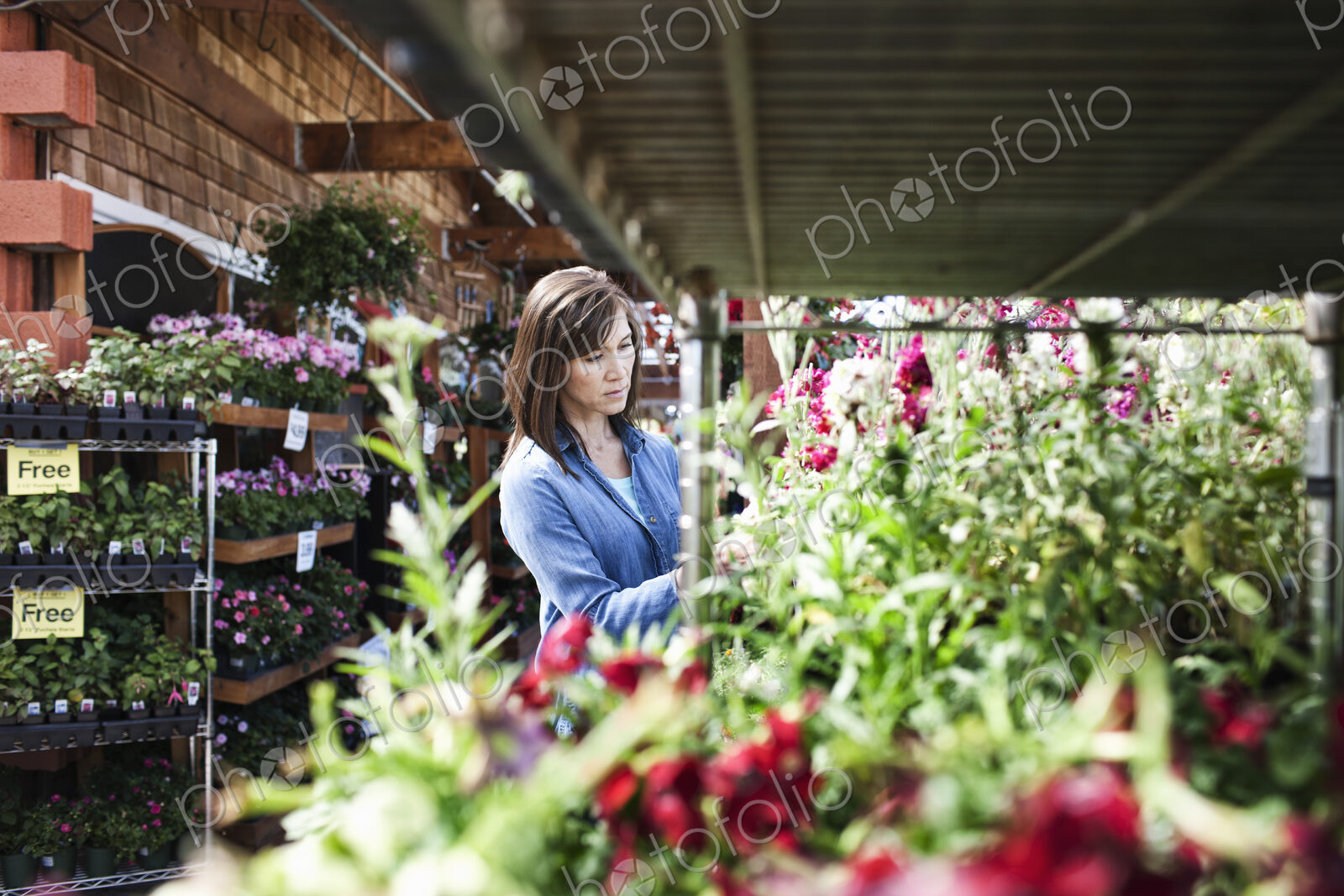 Caucasian woman checking on plants in a garden center nursery.