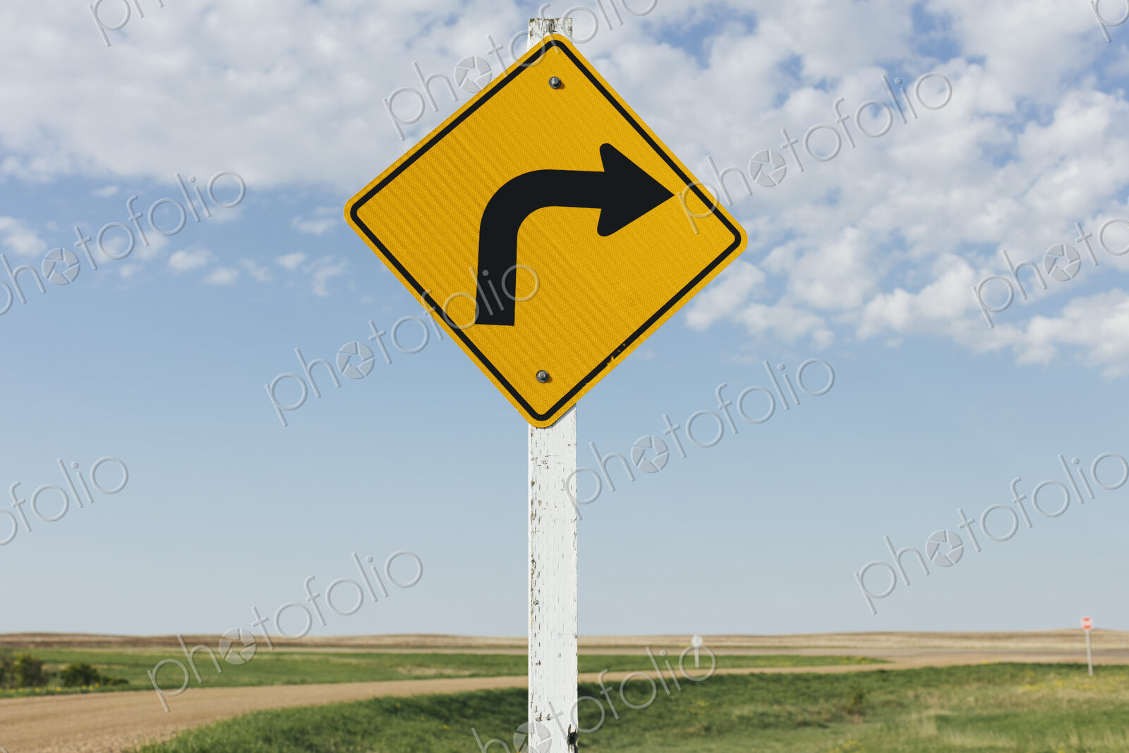 Caution turn ahead sign, near Scotsguard, Saskatchewan, Canada.