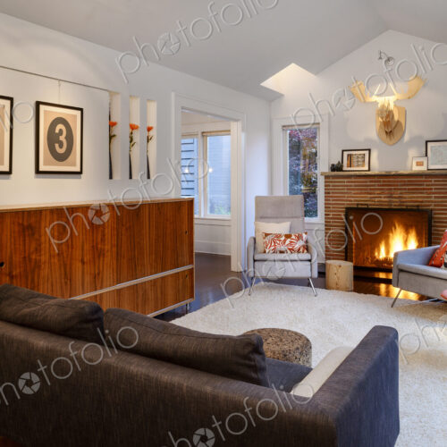 Chair and fireplace in modern living room