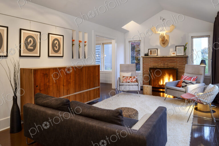 Chair and fireplace in modern living room