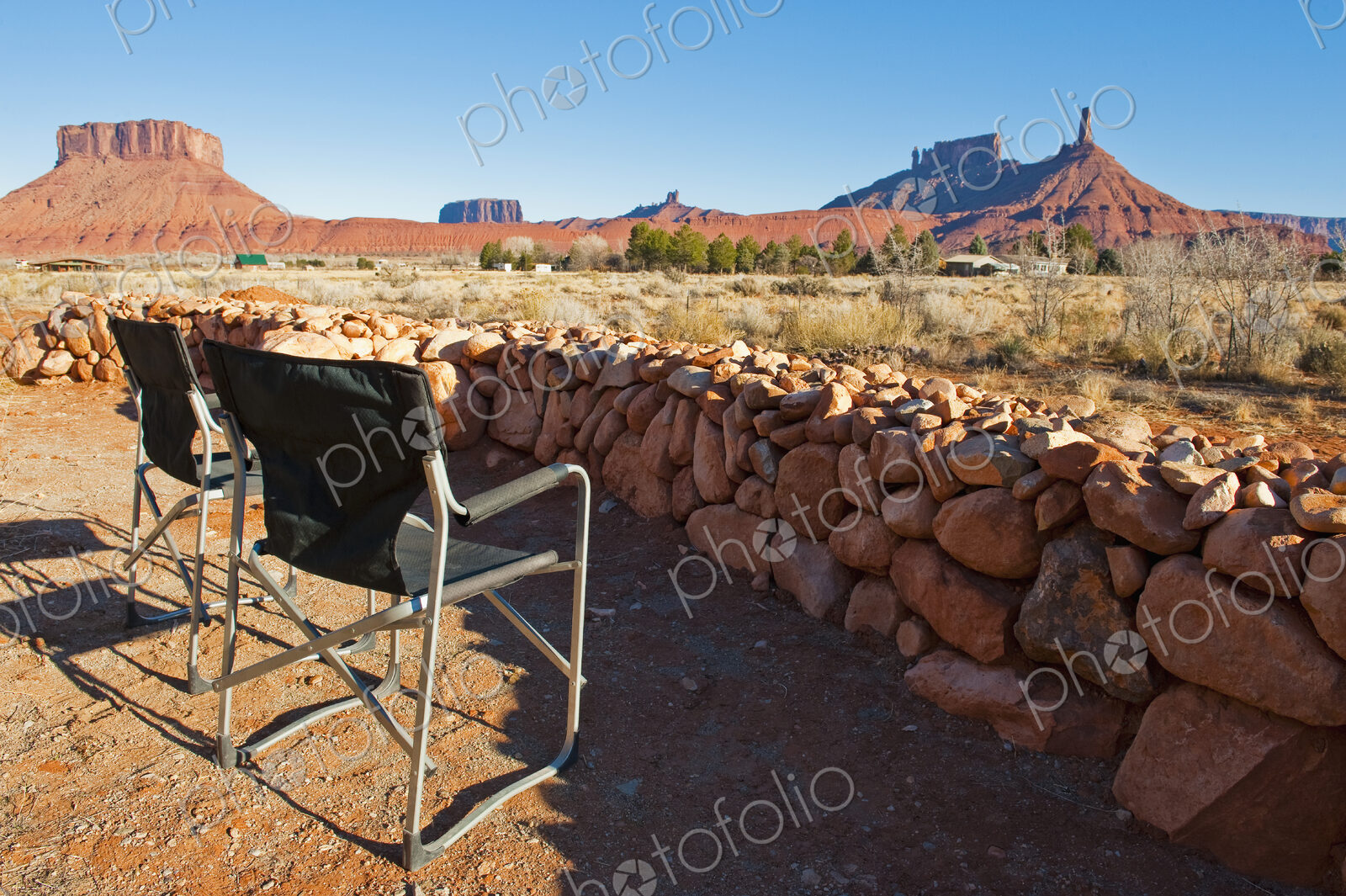 Chairs overlooking rock formations, Castle Valley, Utah, United States