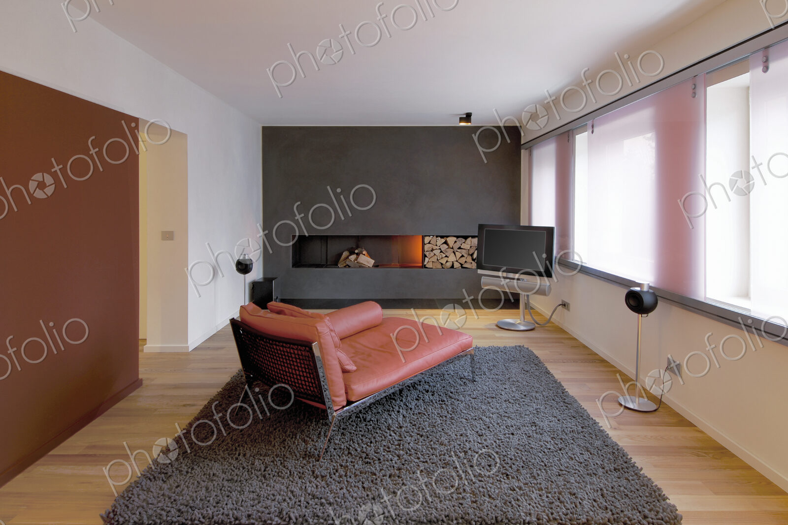 Chaise longue, sofa, fireplace and rug in modern living room