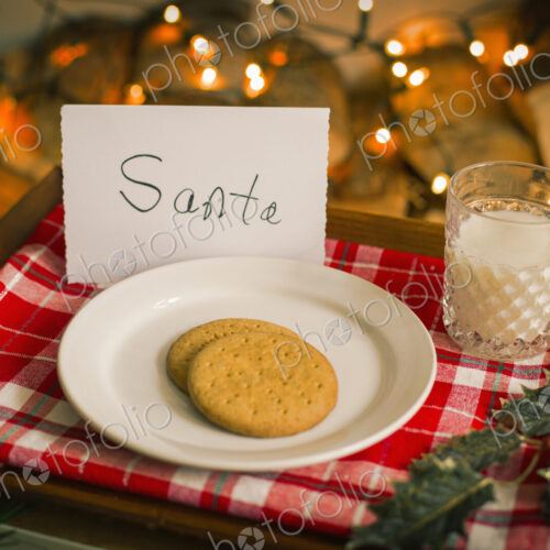 Christmas preparations. A plate with biscuits and a glass of milk on a tray for Santa.