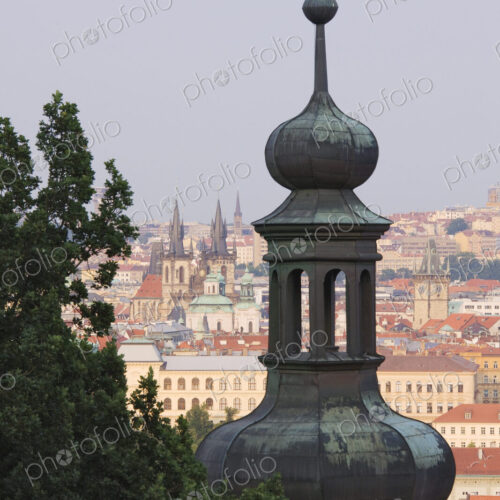 Church Spire with a View of Downtown Prauge Church Spire with a View of Downtown Prauge