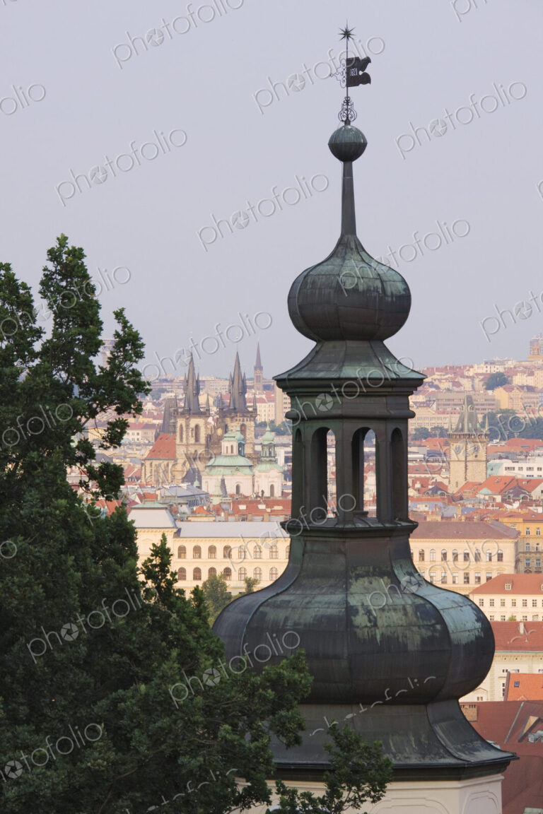 Church Spire with a View of Downtown Prauge