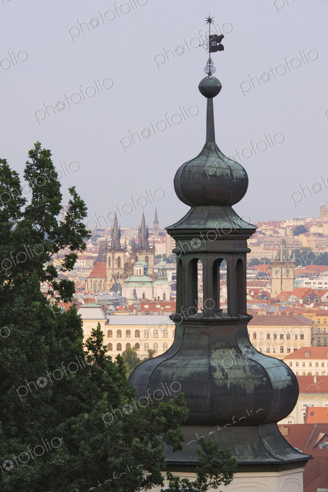 Church Spire with a View of Downtown Prauge