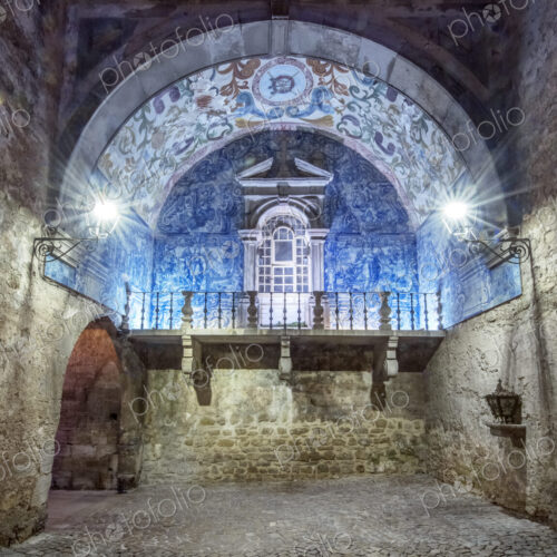 Church arch illuminated at night, Obidos, Leiria, Portugal