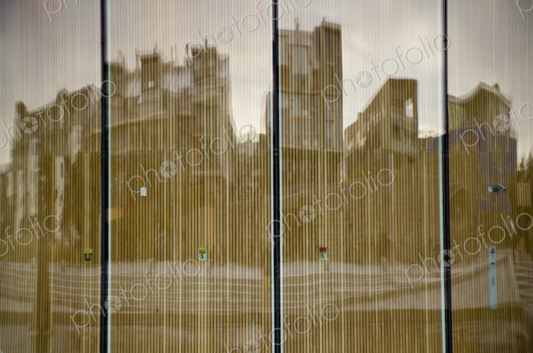 City buildings reflected in windows, Malmo, Sweden
