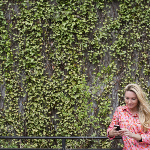 City life in spring. City park with a wall covered in climbing plants and ivy. A young…