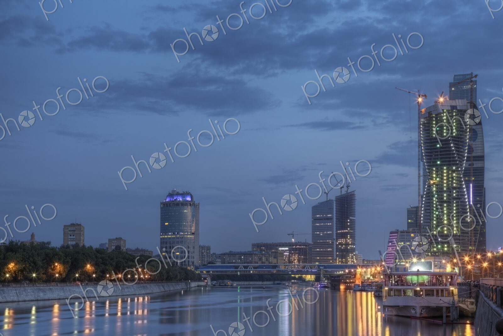 City skyline illuminated at night, Moscow, Russia