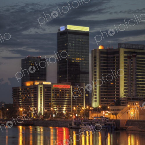 City skyline illuminated at night, Moscow, Russia