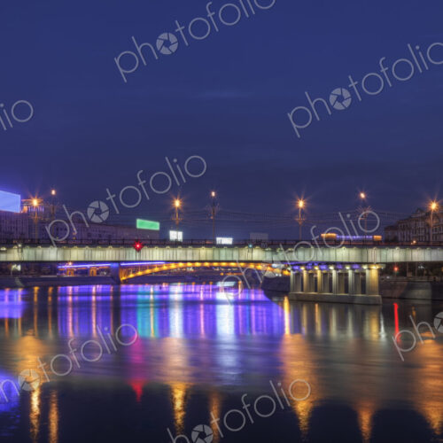 City skyline illuminated at night, Moscow, Russia
