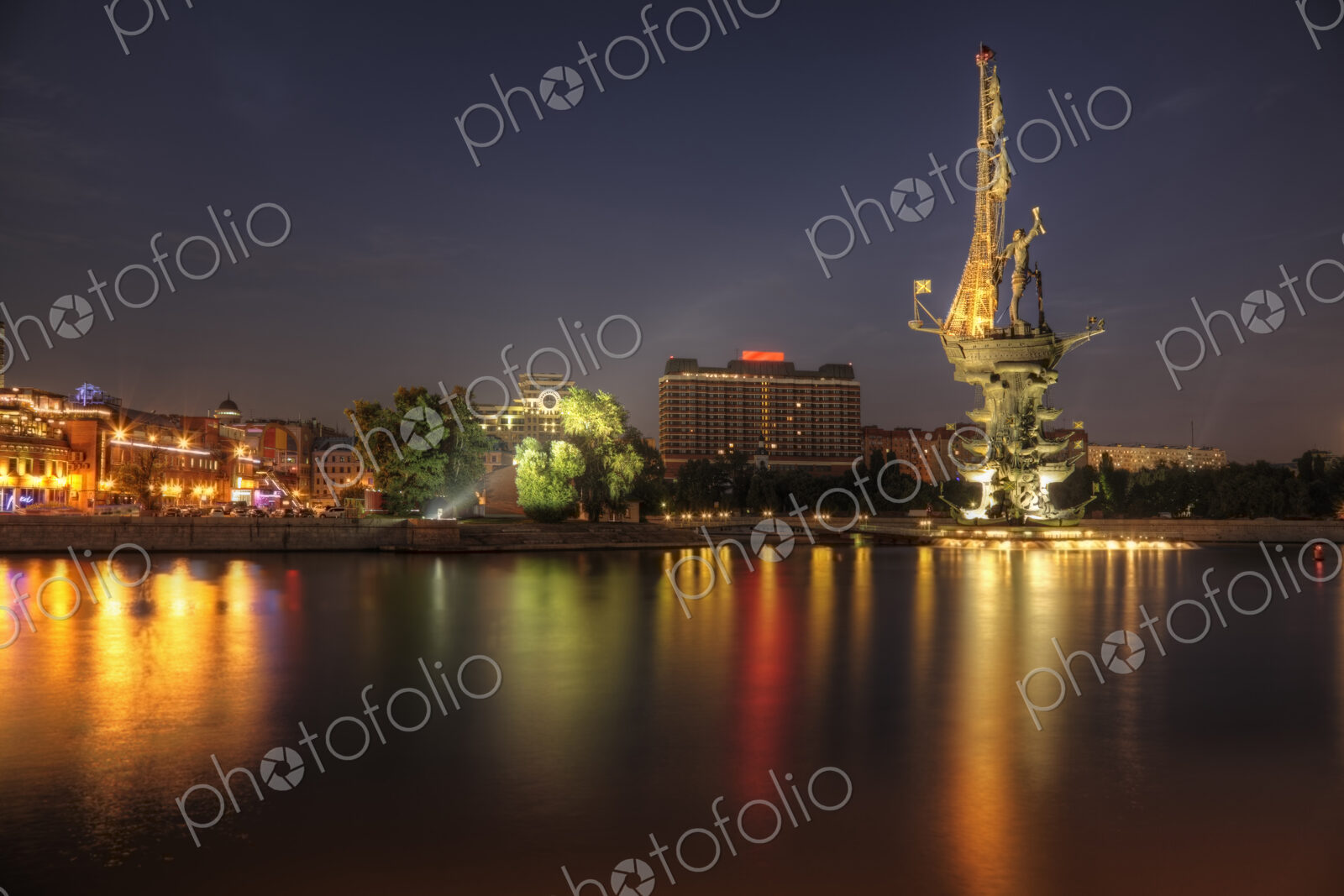 City skyline illuminated at night, Moscow, Russia