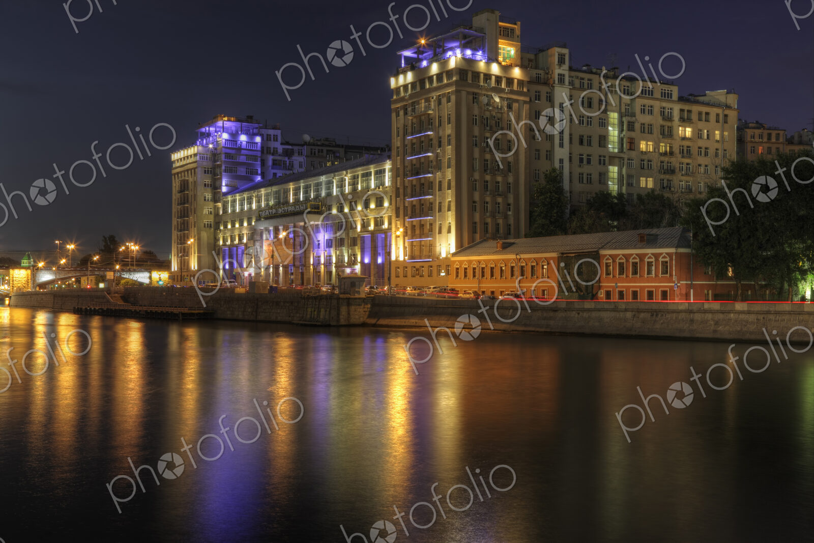 City skyline illuminated at night, Moscow, Russia