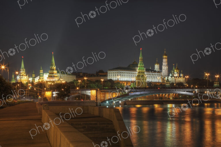 City skyline illuminated at night, Moscow, Russia