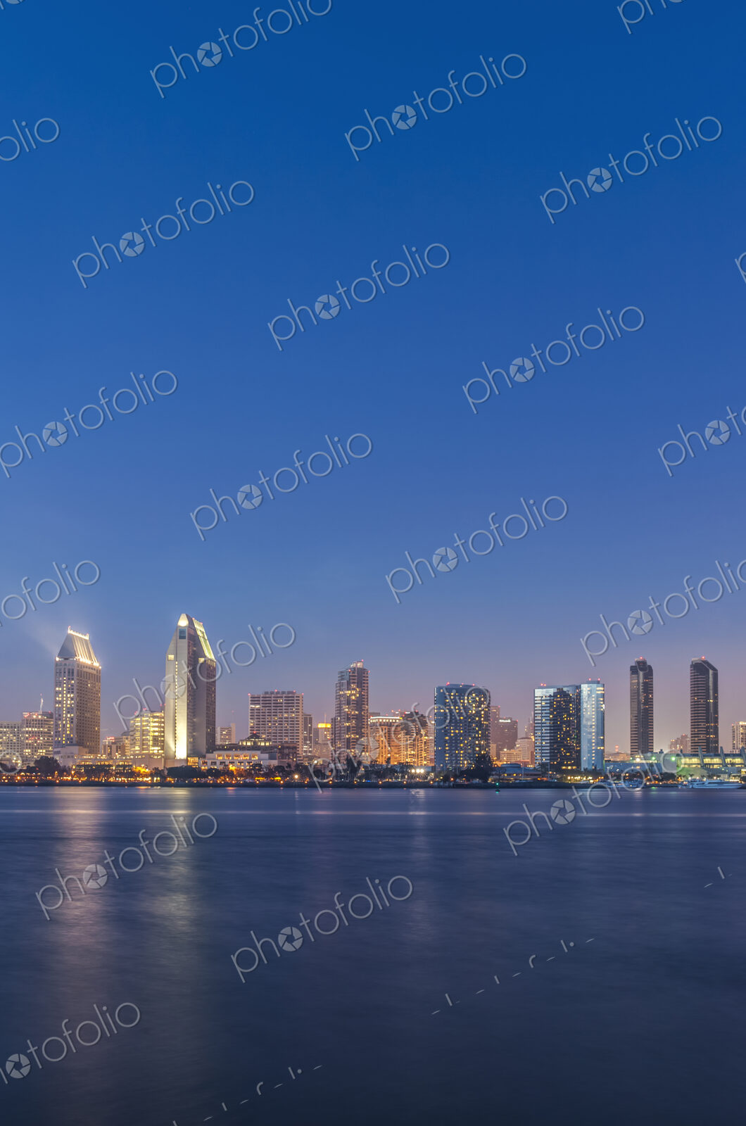 City skyline lit up at night, San Diego, California, United States