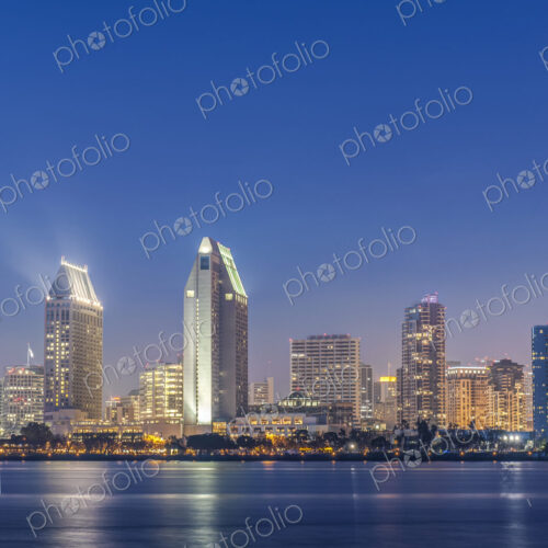 City skyline lit up at night, San Diego, California, United States City skyline lit up at night, San Diego, California, United States