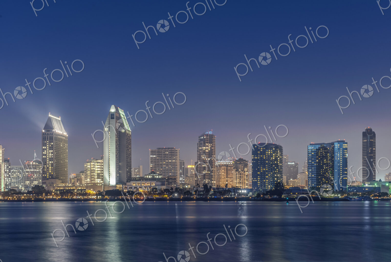 City skyline lit up at night, San Diego, California, United States