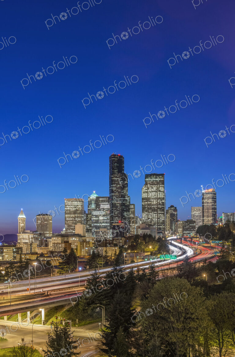 City skyline lit up at night, Seattle, Washington, United States