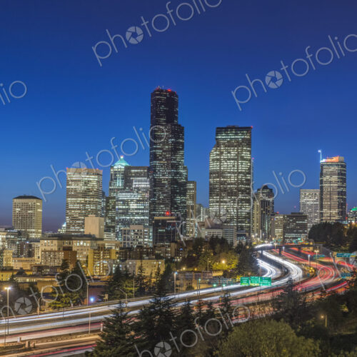 City skyline lit up at night, Seattle, Washington, United States City skyline lit up at night, Seattle, Washington, United States
