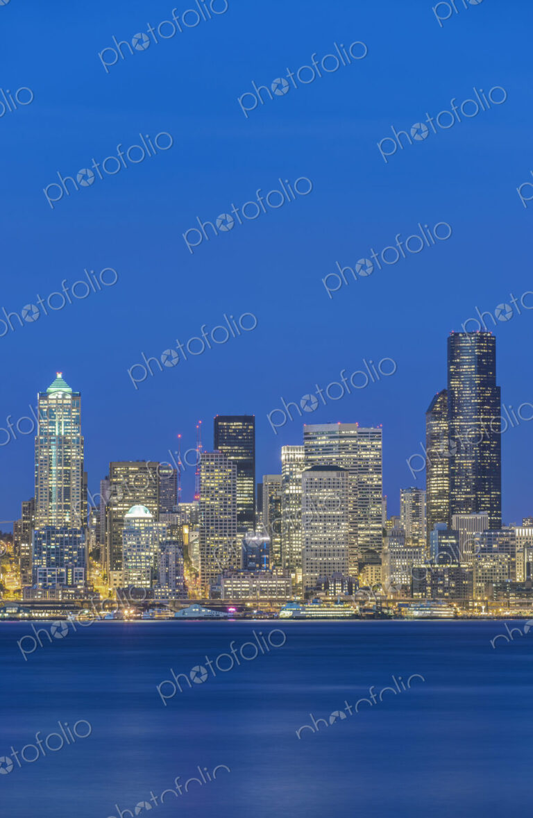 City skyline lit up at night, Seattle, Washington, United States