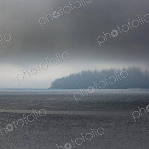 Clearing fog over forested point of land, East Sound, Orcas Island, WA USA Clearing fog over forested point of land, East Sound, Orcas Island, WA USA