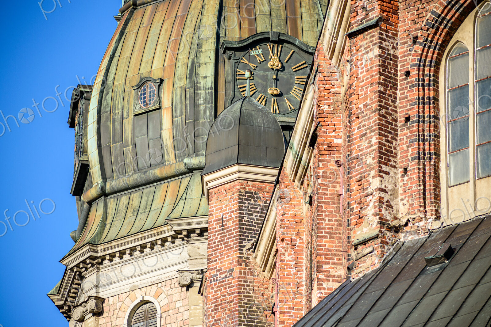 Clock tower of St. Peter Church, Old town, Riga, Latvia.