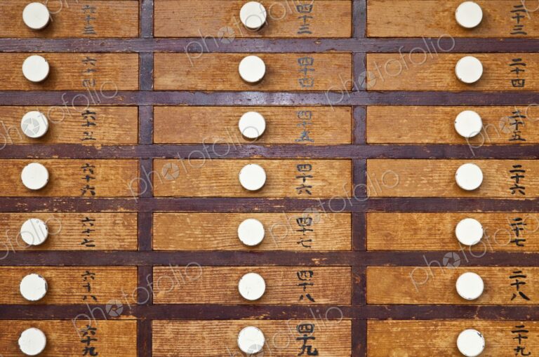Close up of Prayer Drawers with Japanese characters at Senso-Ji Temple, Asakusa,…